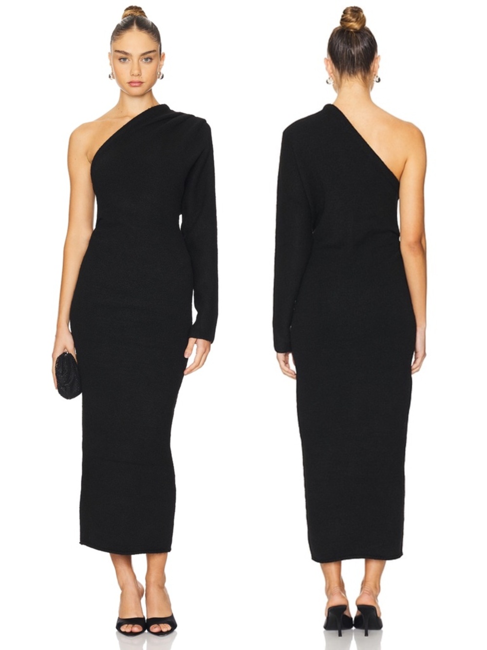 NEW ASTR The LABEL Black FINOLA One Shoulder RUCHED SIDE Sweater MIDI DRESS S